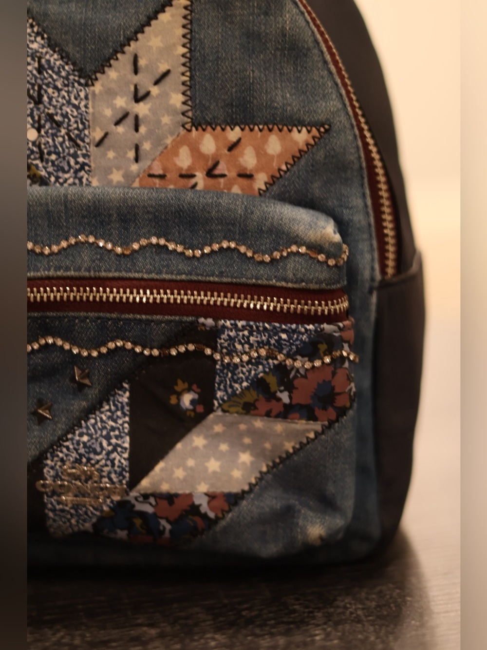 Coach Mini Charlie Denim Patchwork Star Backpack Rhinestone Trim Blue Leather - Picture 2 of 11